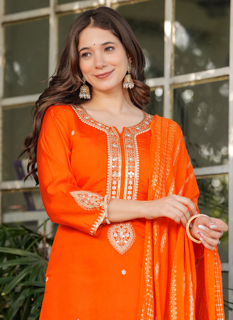Vellora Viscose Chanderi Orange Festival Wear Sequins Work Readymade Suit - Distacart
