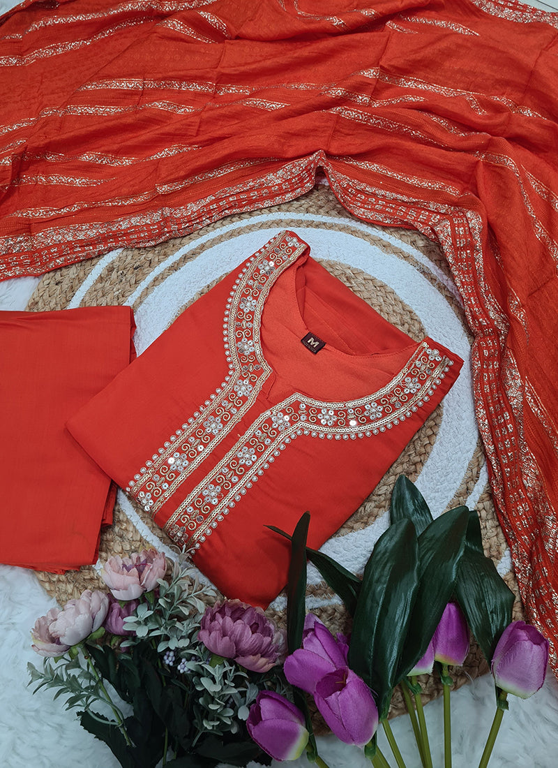 Vellora Viscose Chanderi Orange Festival Wear Sequins Work Readymade Suit - Distacart
