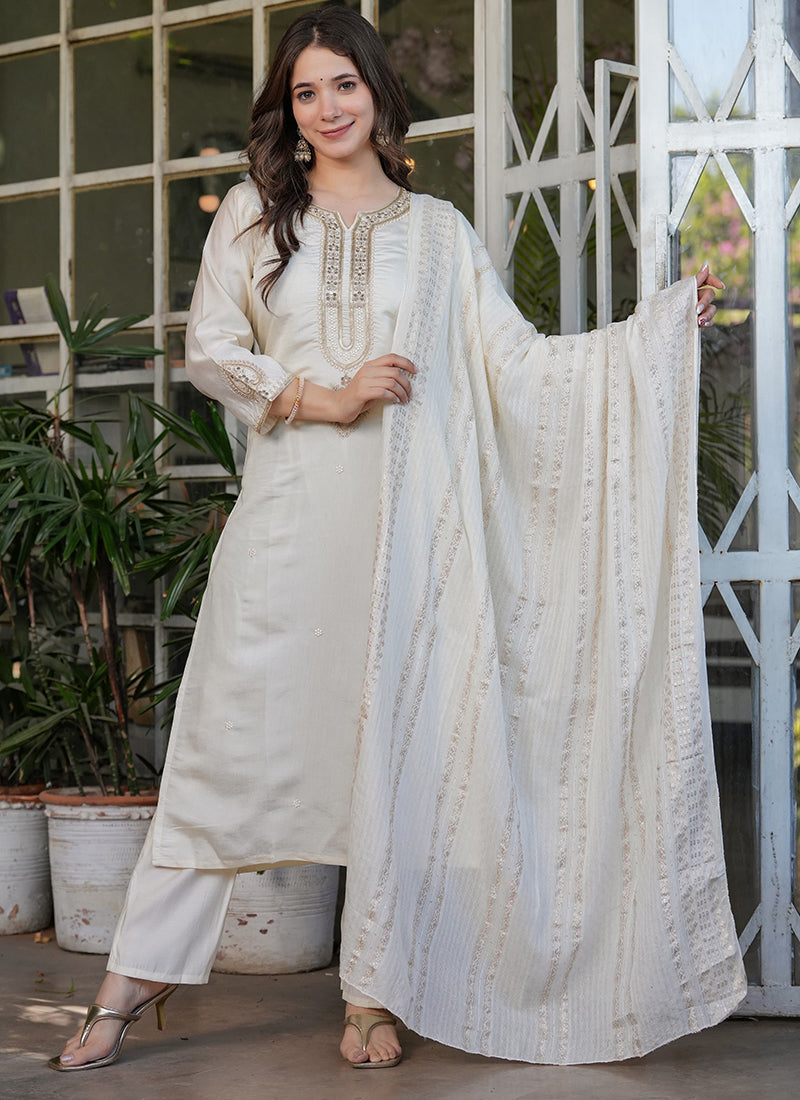 Vellora Viscose Chanderi White Festival Wear Sequins Work Readymade Suit - Distacart