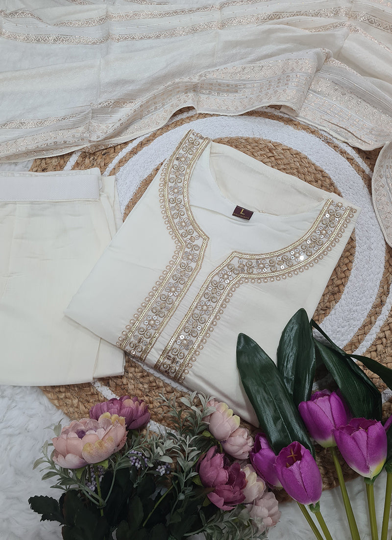 Vellora Viscose Chanderi White Festival Wear Sequins Work Readymade Suit - Distacart