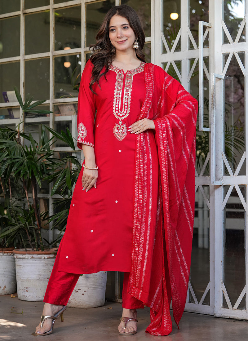Vellora Viscose Chanderi Red Festival Wear Sequins Work Readymade Suit - Distacart