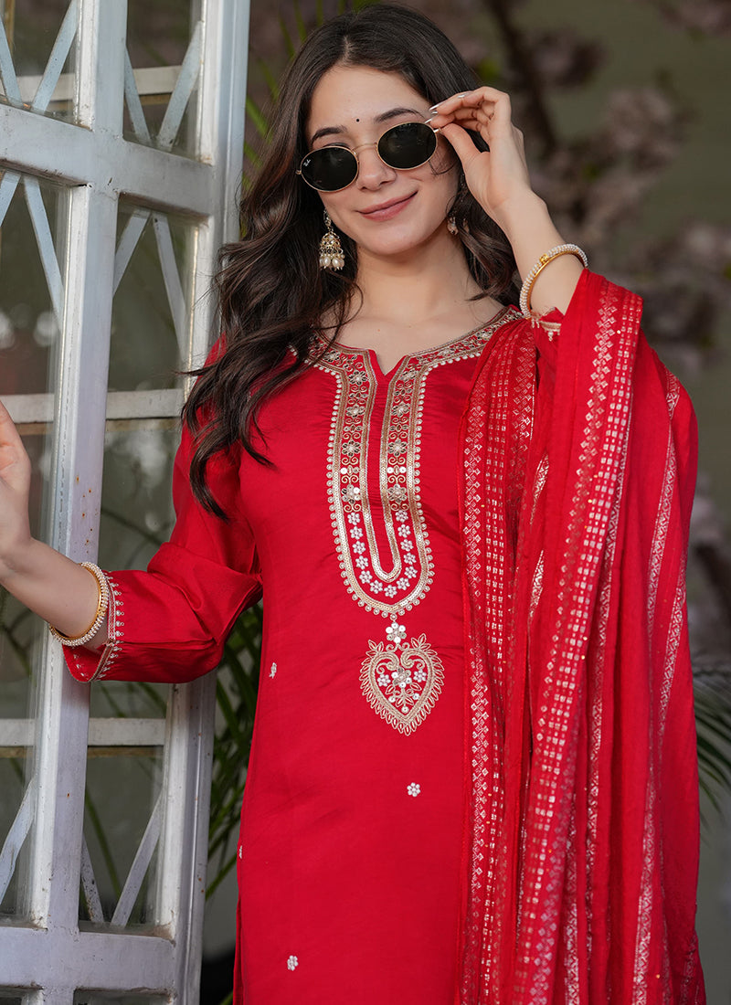 Vellora Viscose Chanderi Red Festival Wear Sequins Work Readymade Suit - Distacart