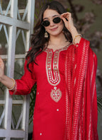 Vellora Viscose Chanderi Red Festival Wear Sequins Work Readymade Suit - Distacart