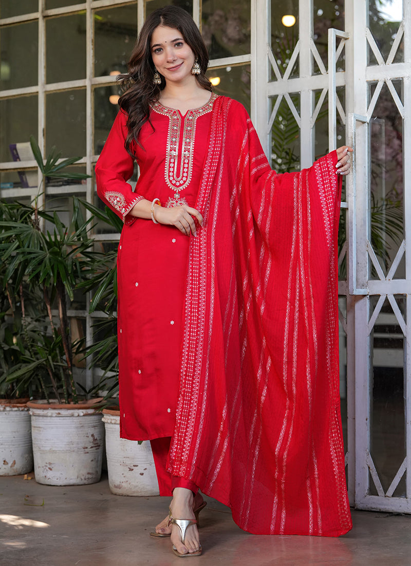 Vellora Viscose Chanderi Red Festival Wear Sequins Work Readymade Suit - Distacart