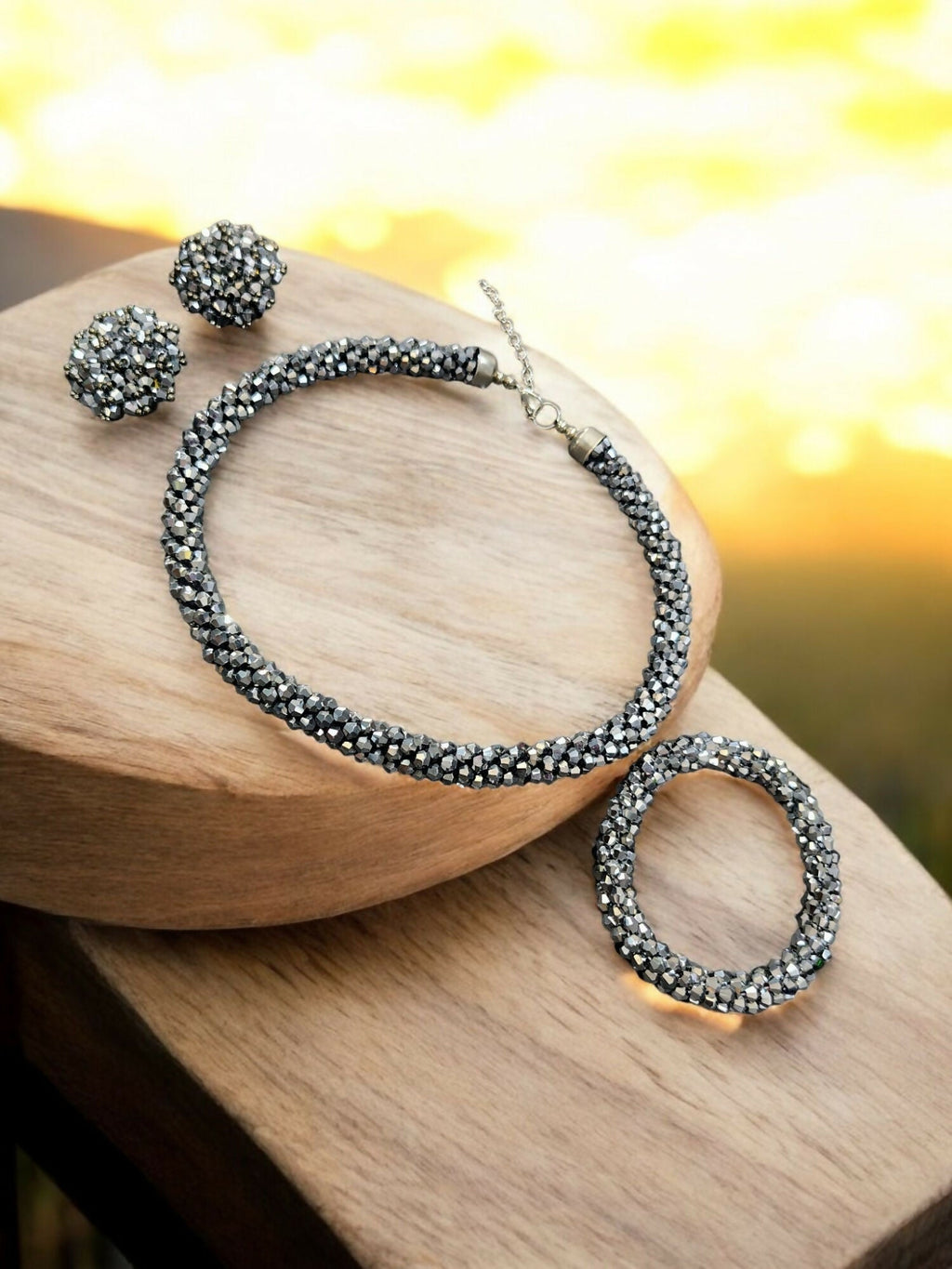 Inhanns Complete Look Crystal Statement 3-Piece Set (Adjustable Necklace + Earrings + Adjustable Bangle ) - Silver