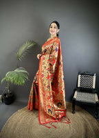Joban Fashion Crimson Red Intricate Floral & Leaf Soft Silk Paithani Saree - Distacart