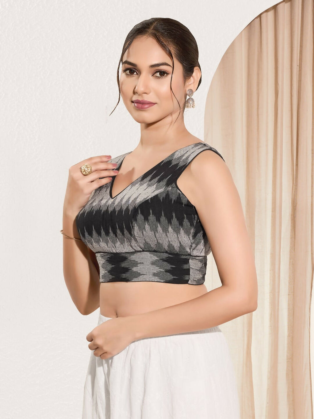 Joban Fashion Black Ikat Silk Padded Blouse With V Neck Sleeveless - Distacart