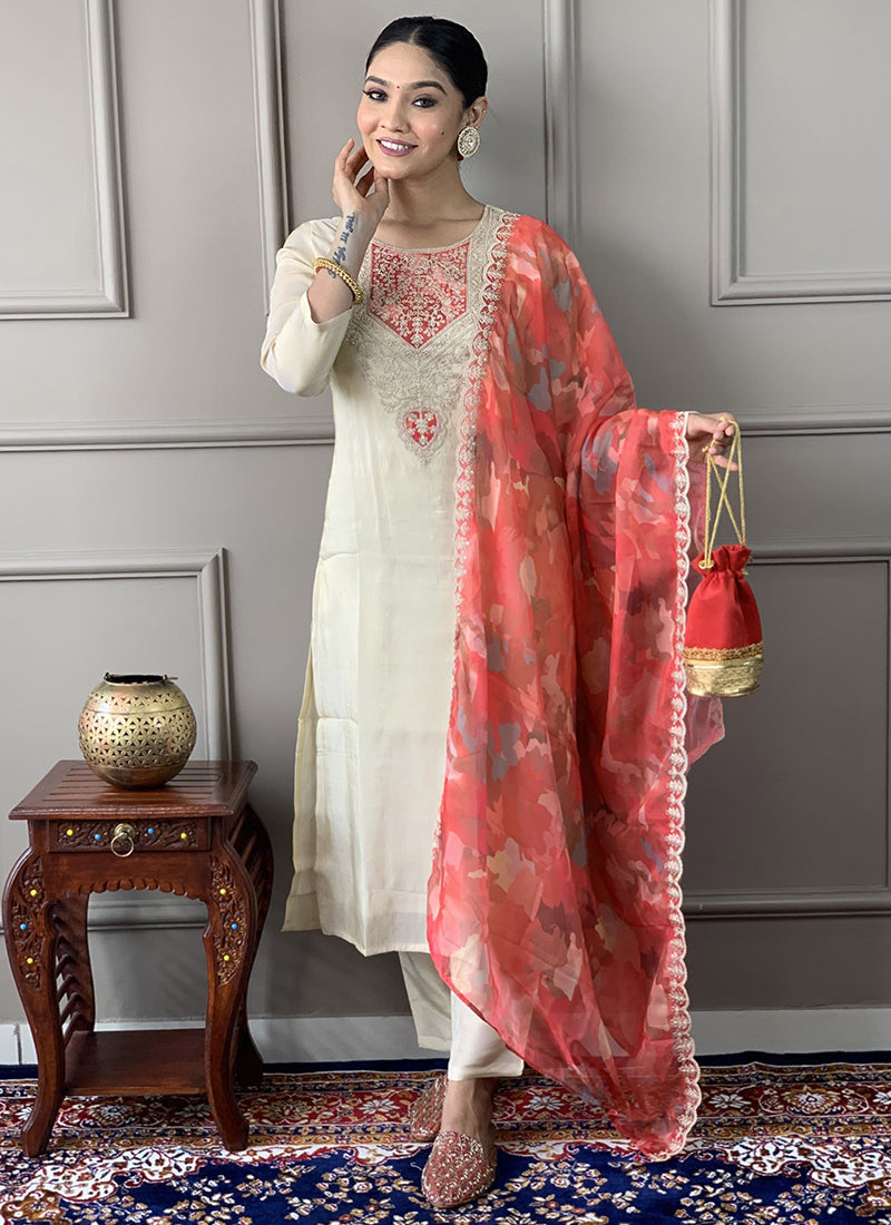 Vellora Pv Chanderi White Casual Wear Embroidery Work Readymade Suit - Distacart