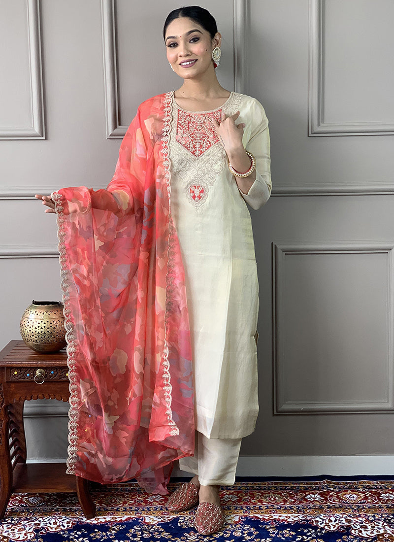 Vellora Pv Chanderi White Casual Wear Embroidery Work Readymade Suit - Distacart