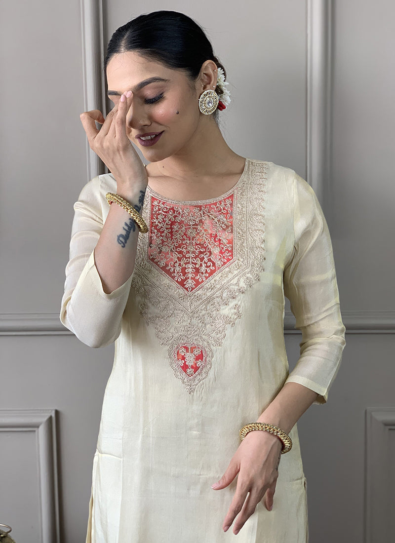 Vellora Pv Chanderi White Casual Wear Embroidery Work Readymade Suit - Distacart