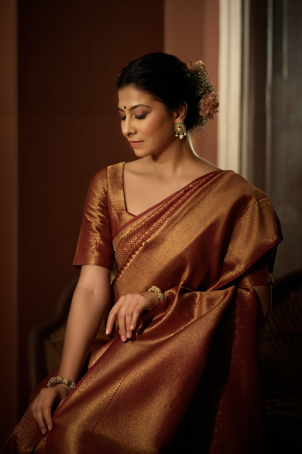 Vardha Rosewood Maroon Golden Zari Kanjeevaram Silk Saree