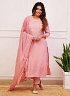 Vellora Rayon Slub Light Pink Casual Wear Embroidery Work Readymade Kurti Set - Distacart