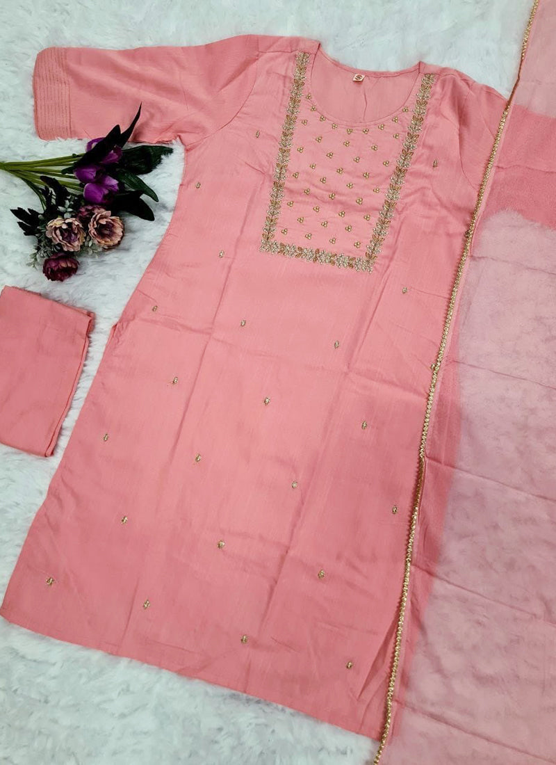 Vellora Rayon Slub Light Pink Casual Wear Embroidery Work Readymade Kurti Set - Distacart