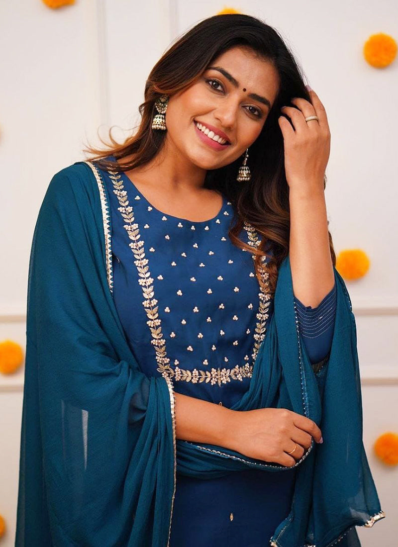 Vellora Rayon Slub Navy Blue Casual Wear Embroidery Work Readymade Kurti Set - Distacart