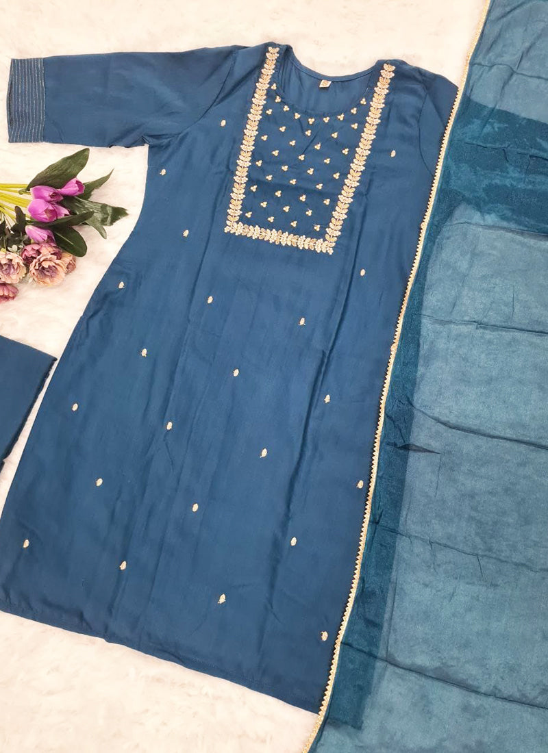 Vellora Rayon Slub Navy Blue Casual Wear Embroidery Work Readymade Kurti Set - Distacart