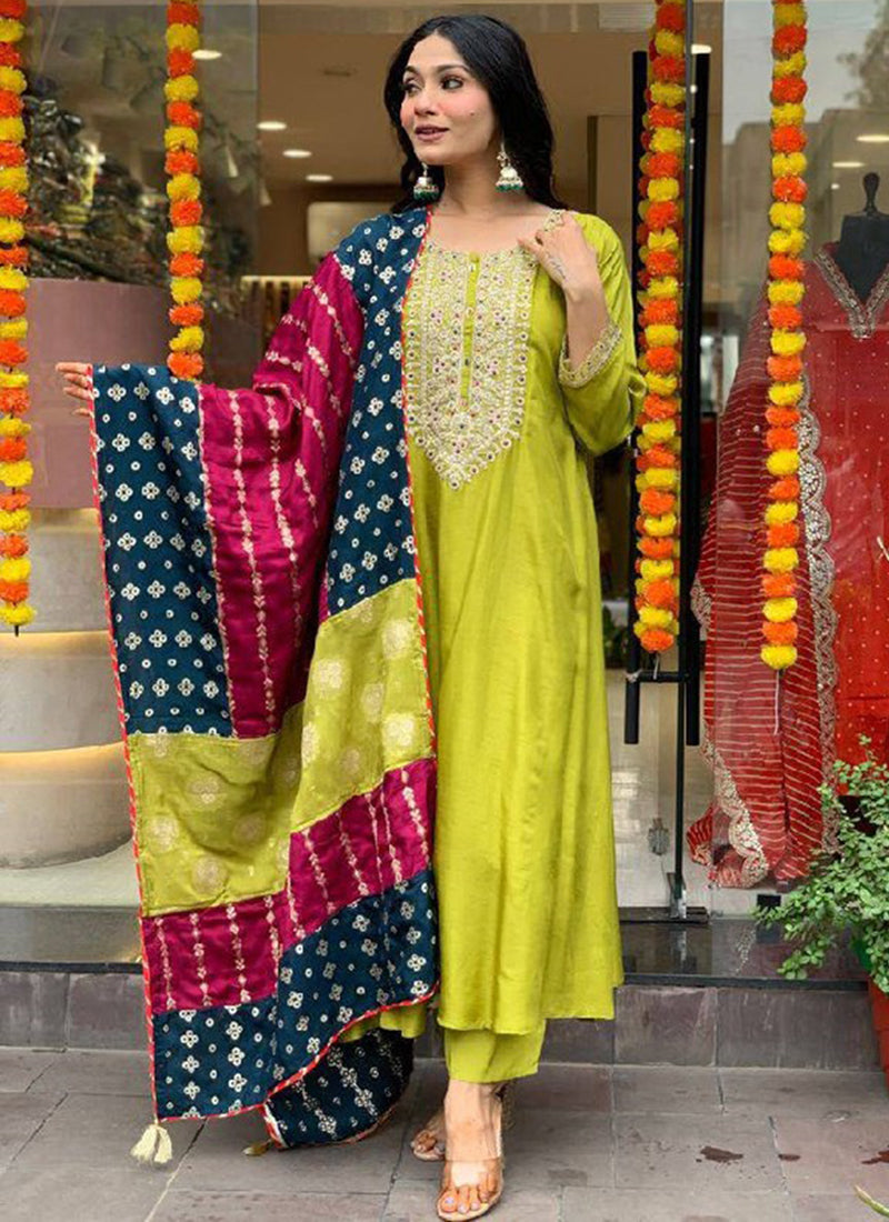 Vellora Viscose Chanderi Yellow Festival Wear Embroidery Work Readymade Suit - Distacart