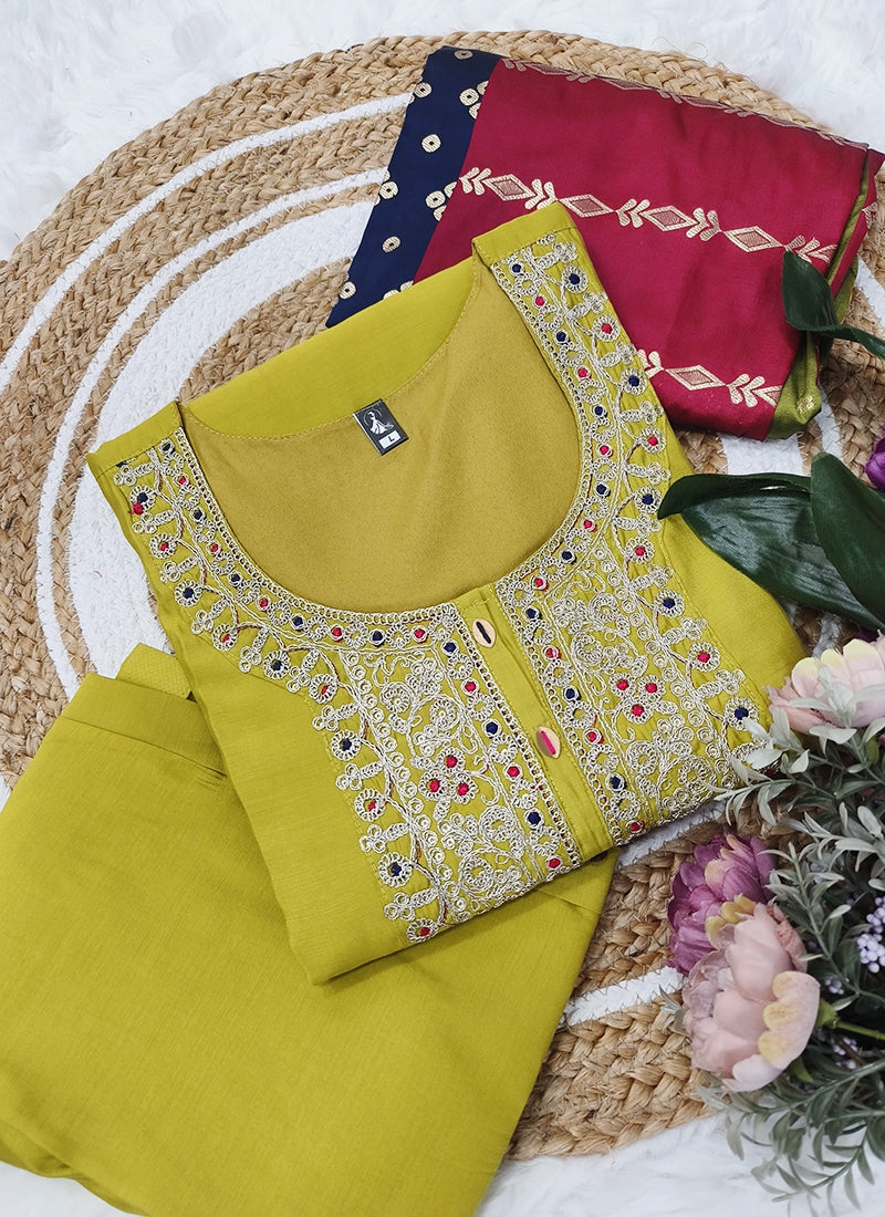 Vellora Viscose Chanderi Yellow Festival Wear Embroidery Work Readymade Suit - Distacart