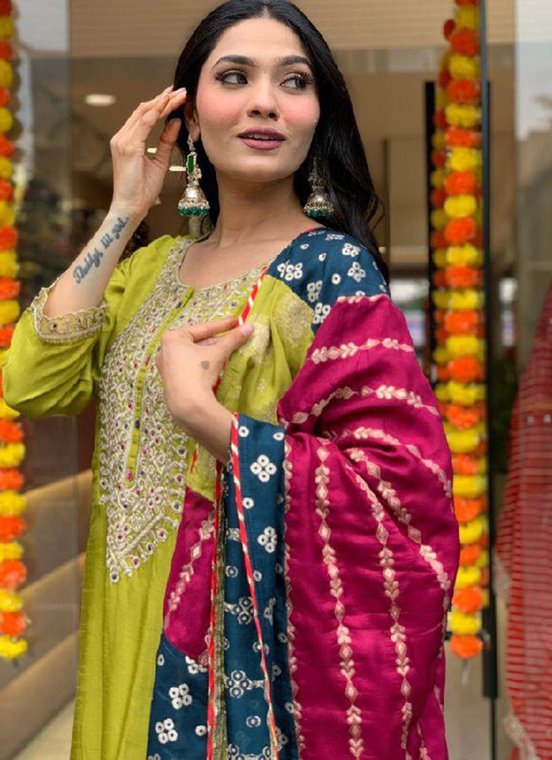 Vellora Viscose Chanderi Yellow Festival Wear Embroidery Work Readymade Suit - Distacart
