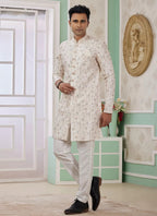 Raivat Ethnic Banarasi Jacquard Embroidery Indo Western Sherwani In Cream Colour