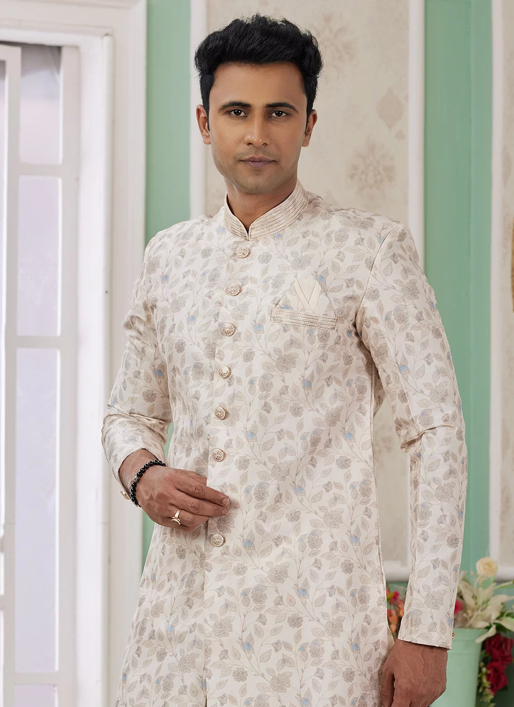 Raivat Ethnic Banarasi Jacquard Embroidery Indo Western Sherwani In Cream Colour