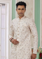 Raivat Ethnic Banarasi Jacquard Embroidery Indo Western Sherwani In Cream Colour