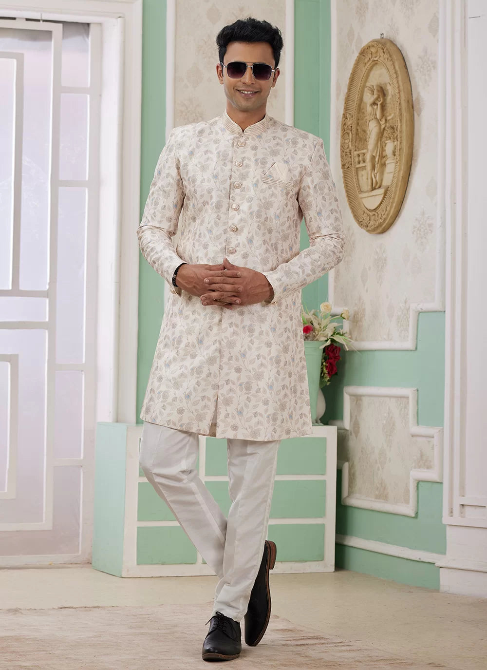 Raivat Ethnic Banarasi Jacquard Embroidery Indo Western Sherwani In Cream Colour