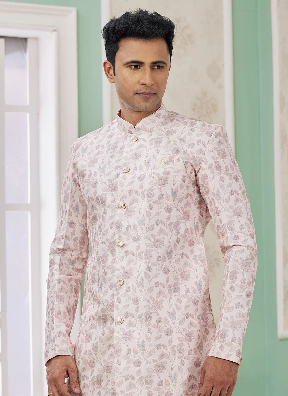 Raivat Ethnic Banarasi Jacquard Embroidery Indo Western Sherwani In Pink Colour
