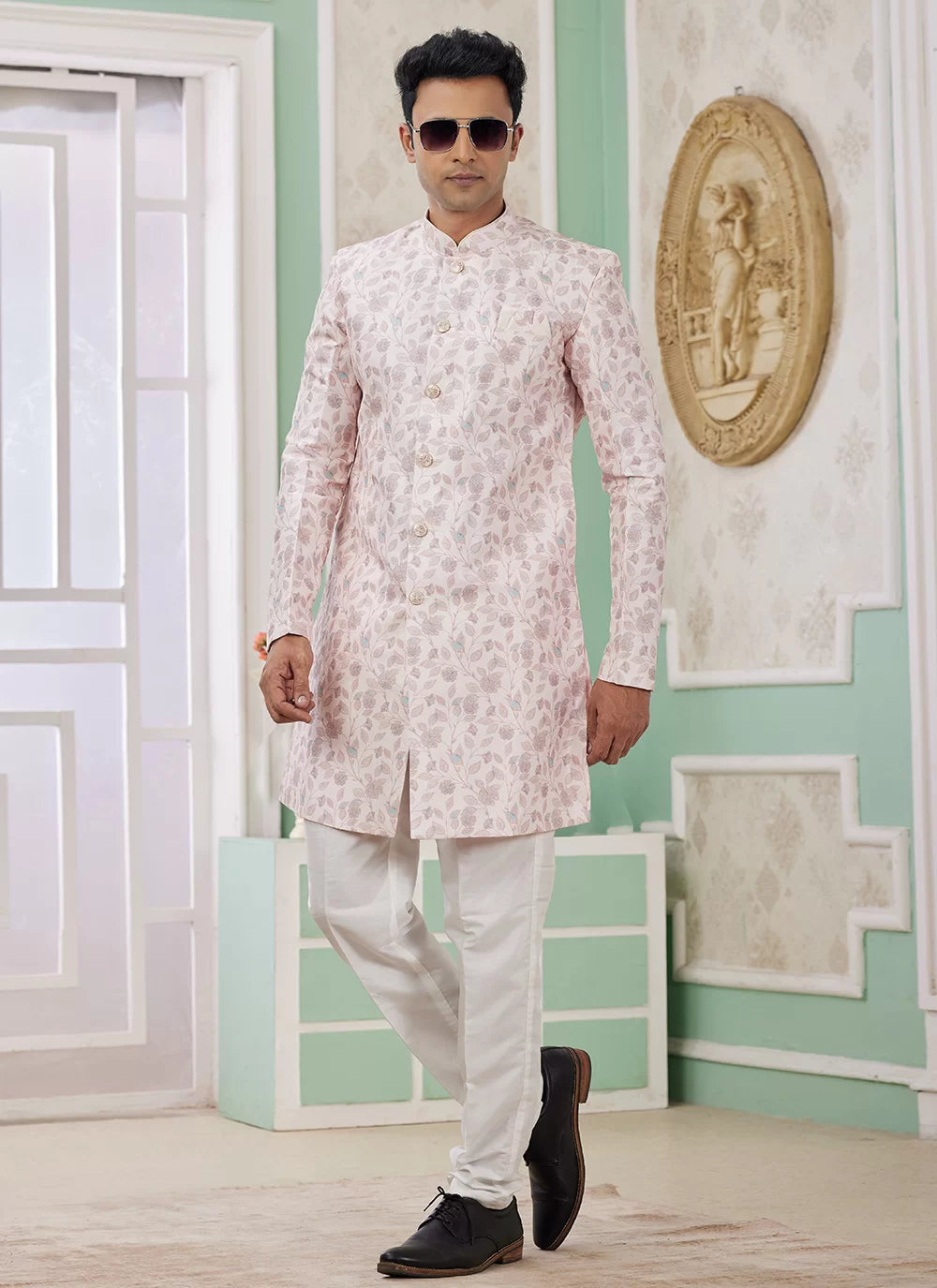 Raivat Ethnic Banarasi Jacquard Embroidery Indo Western Sherwani In Pink Colour