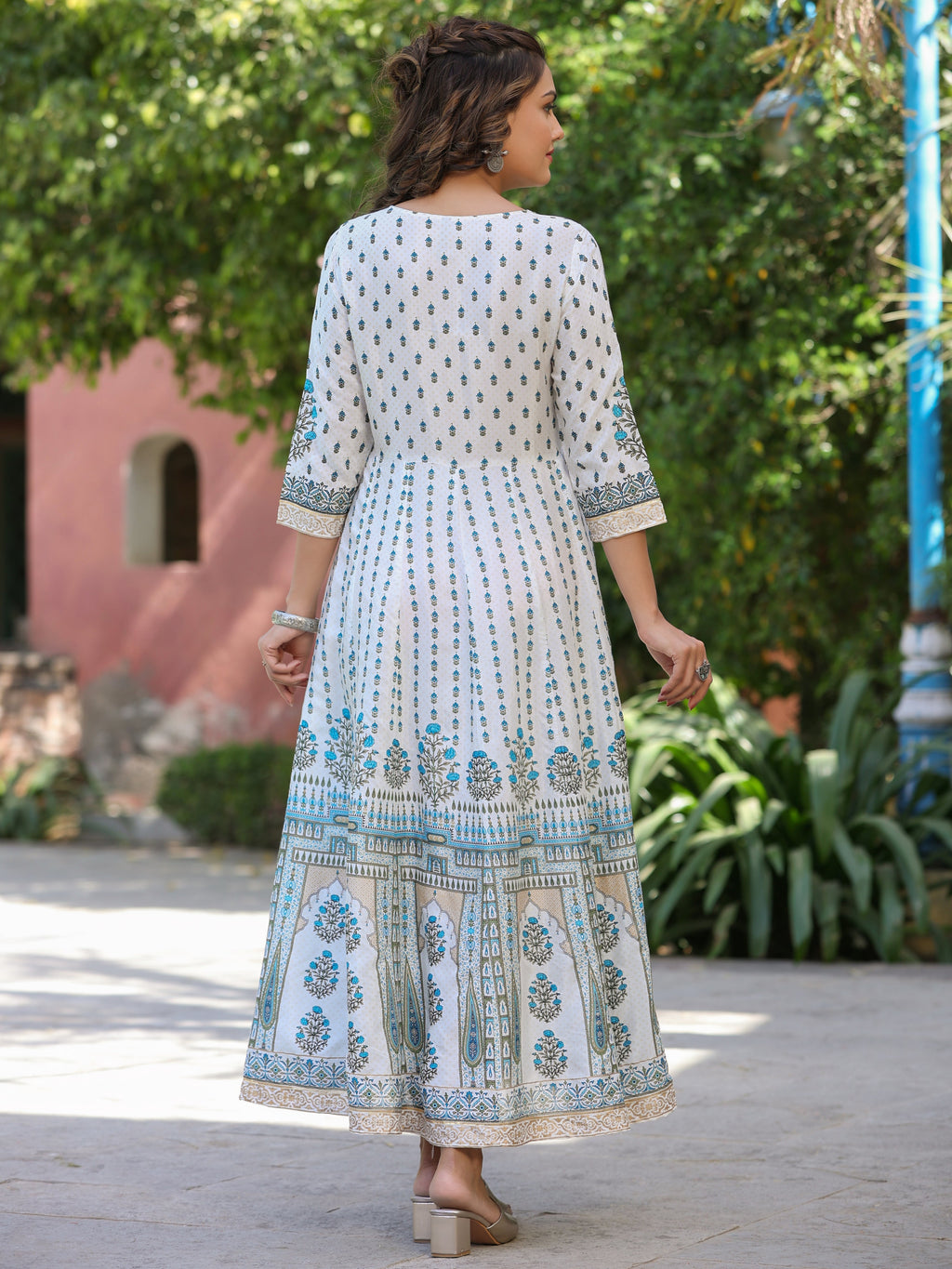Juniper Blue Ethnic Motif Printed Flared Shantoon Maxi Dress With Beads & Sequins Work - Distacart