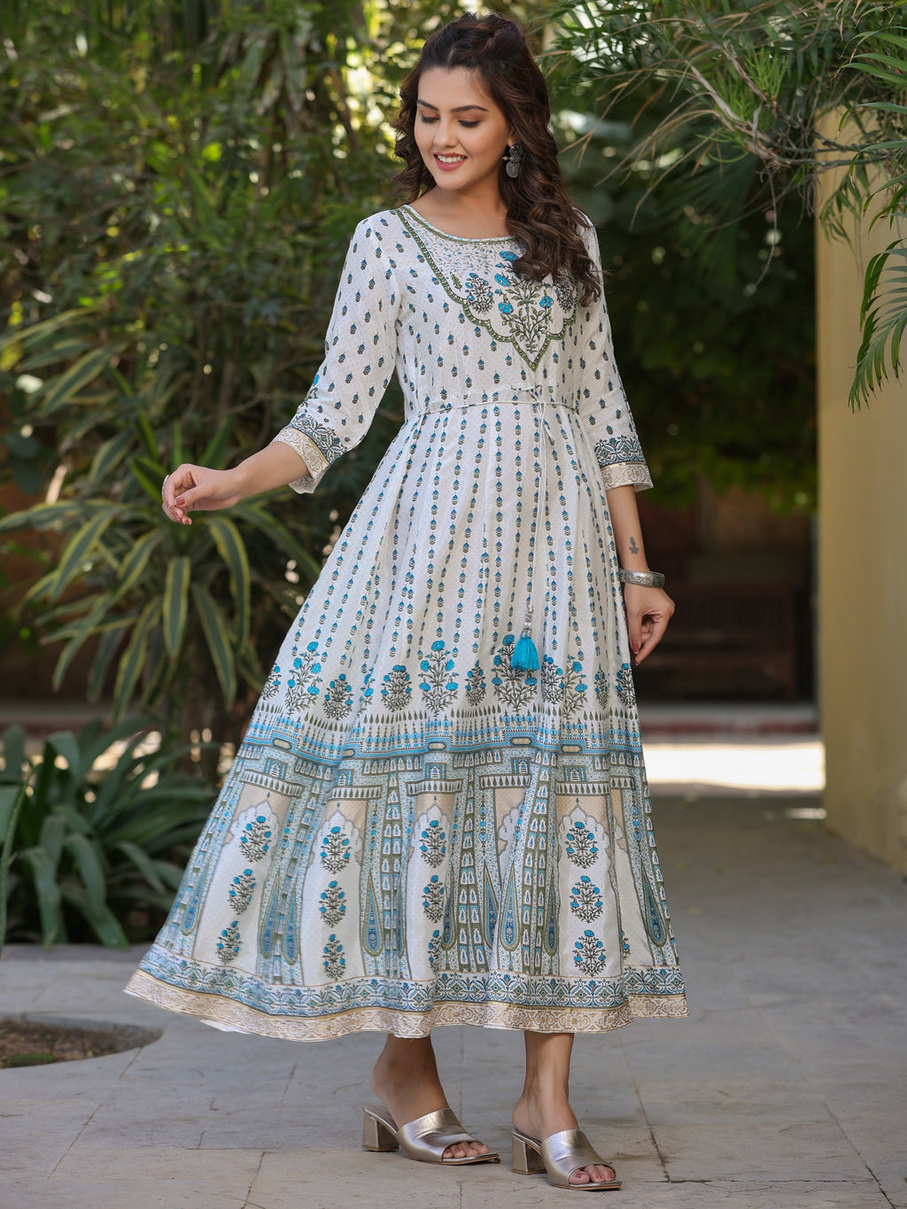 Juniper Blue Ethnic Motif Printed Flared Shantoon Maxi Dress With Beads & Sequins Work - Distacart