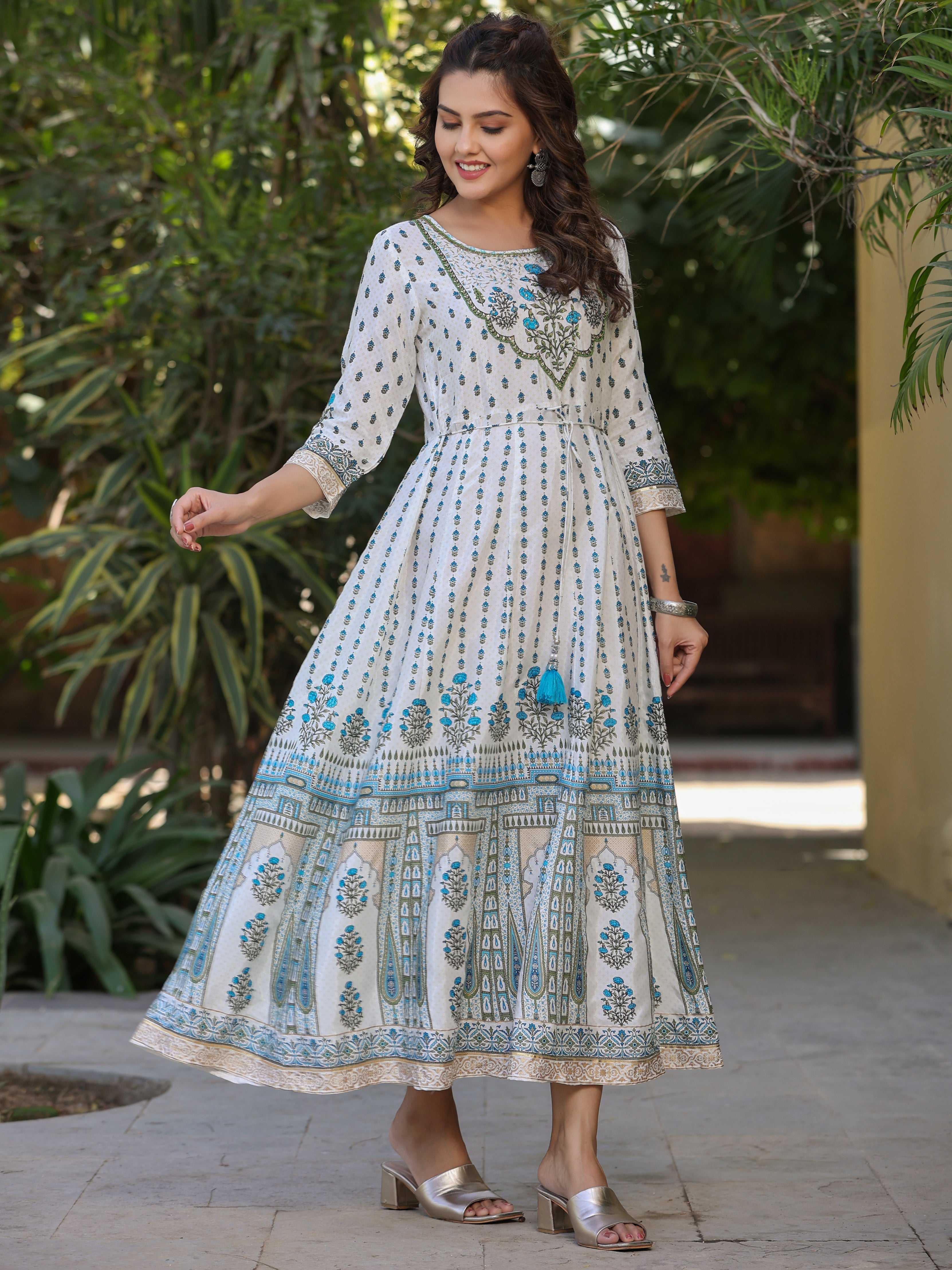Juniper Blue Ethnic Motif Printed Flared Shantoon Maxi Dress With Beads & Sequins Work - Distacart