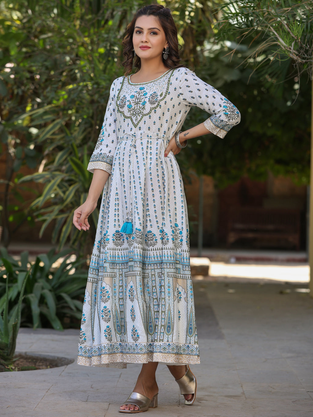 Juniper Blue Ethnic Motif Printed Flared Shantoon Maxi Dress With Beads & Sequins Work - Distacart