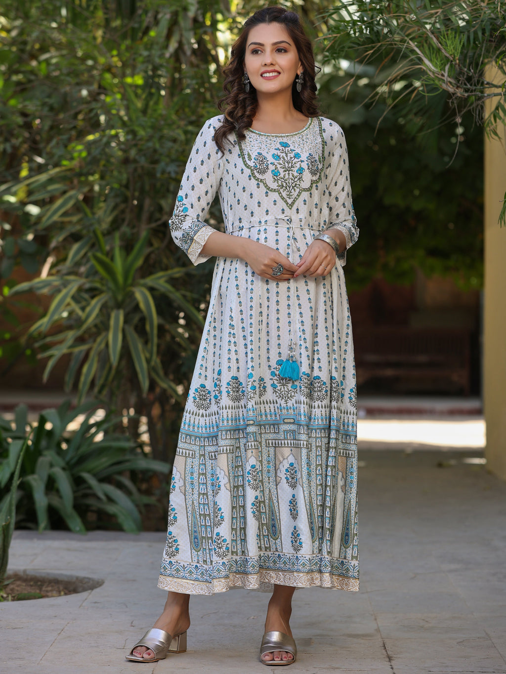 Juniper Blue Ethnic Motif Printed Flared Shantoon Maxi Dress With Beads & Sequins Work - Distacart