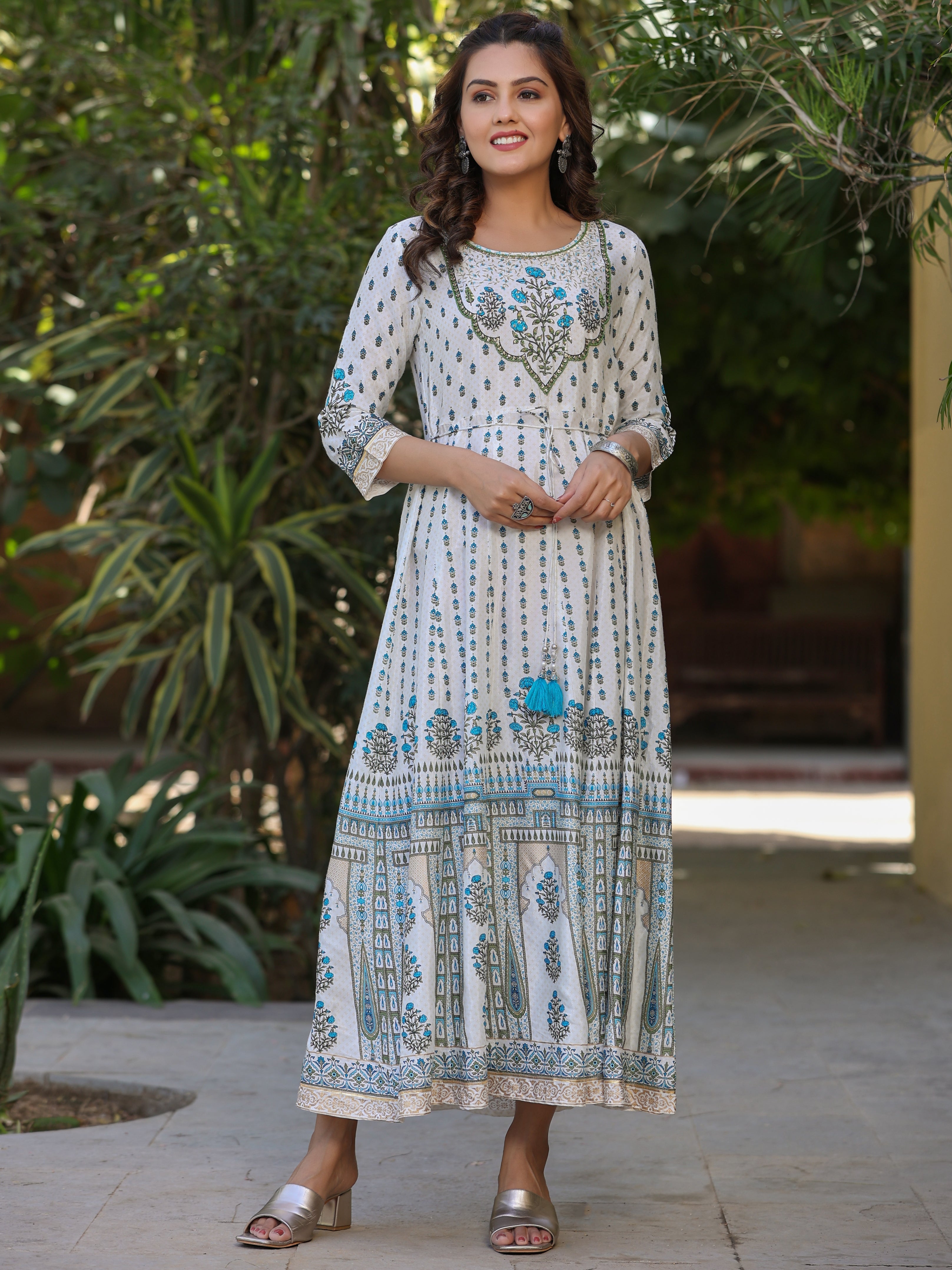 Juniper Blue Ethnic Motif Printed Flared Shantoon Maxi Dress With Beads & Sequins Work - Distacart