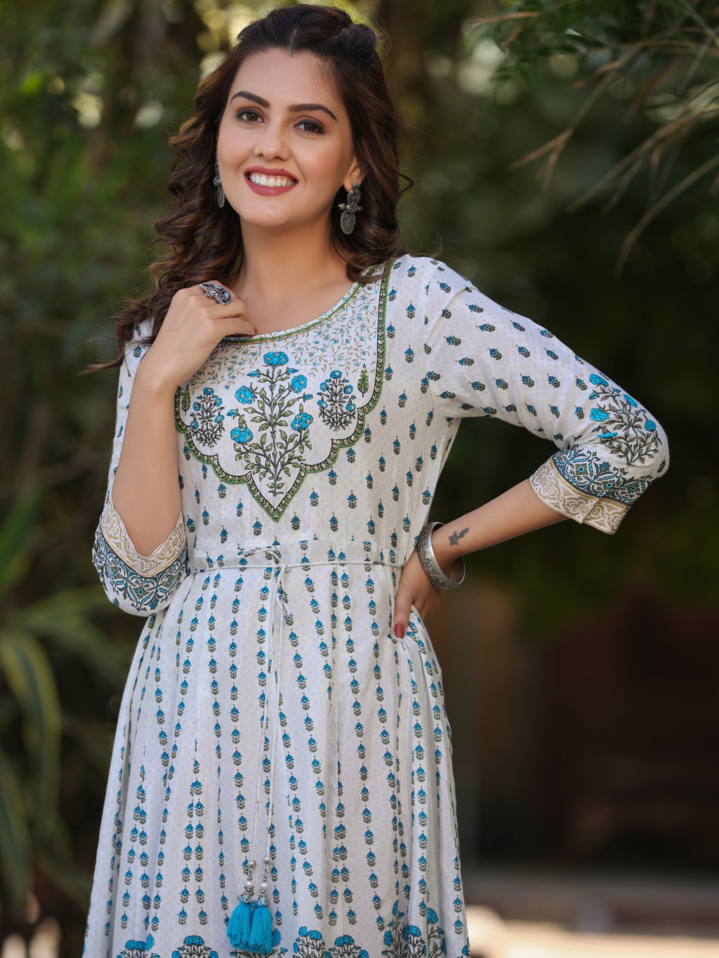 Juniper Blue Ethnic Motif Printed Flared Shantoon Maxi Dress With Beads & Sequins Work - Distacart