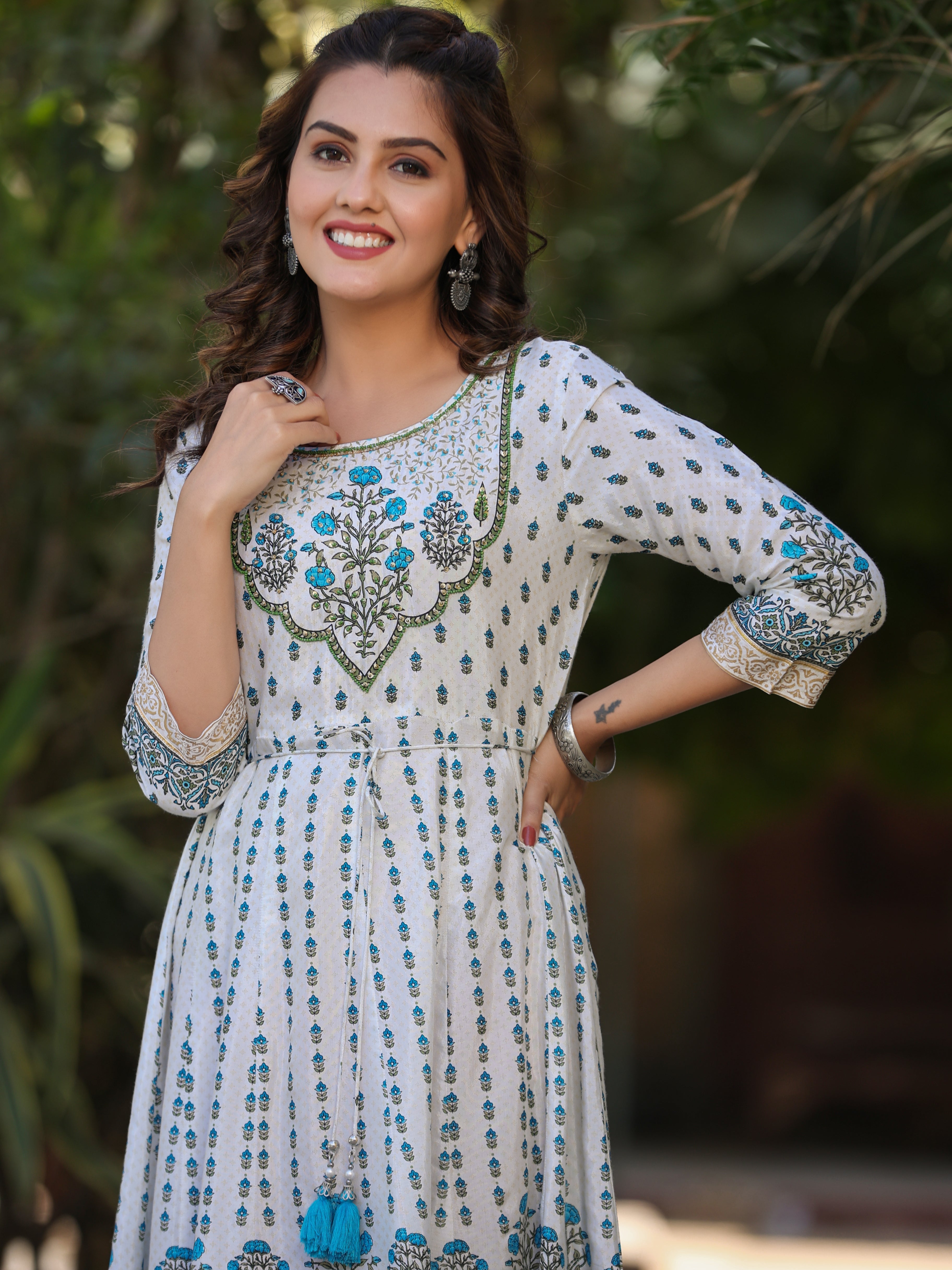 Juniper Blue Ethnic Motif Printed Flared Shantoon Maxi Dress With Beads & Sequins Work - Distacart