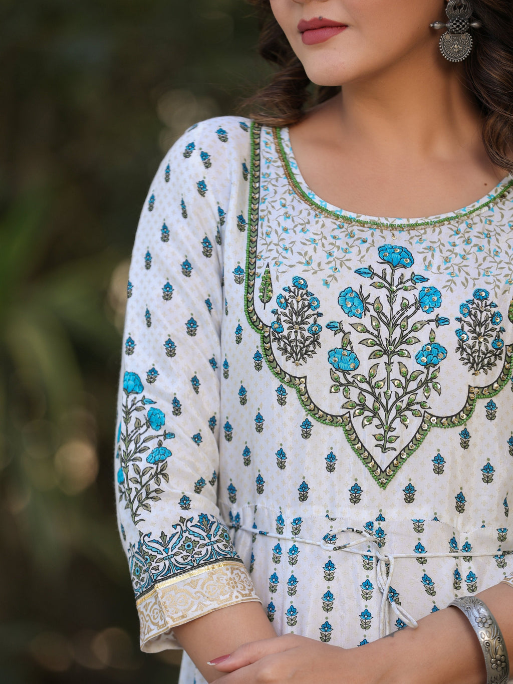 Juniper Blue Ethnic Motif Printed Flared Shantoon Maxi Dress With Beads & Sequins Work - Distacart