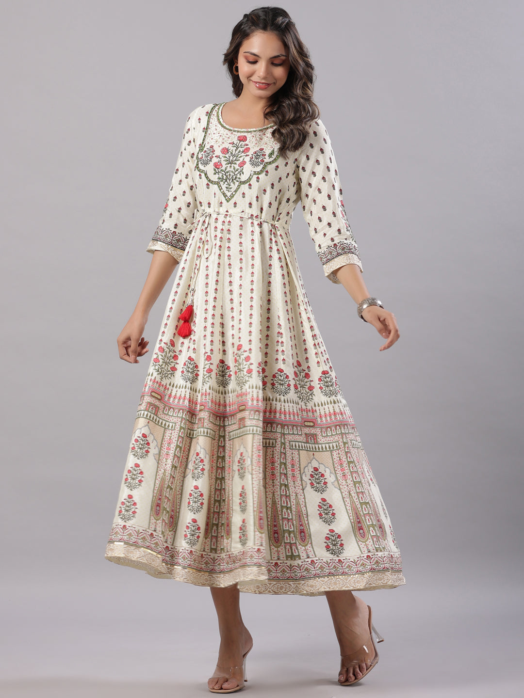Juniper Yellow Ethnic Motif Printed Flared Shantoon Maxi Dress With Beads & Sequins Work - Distacart