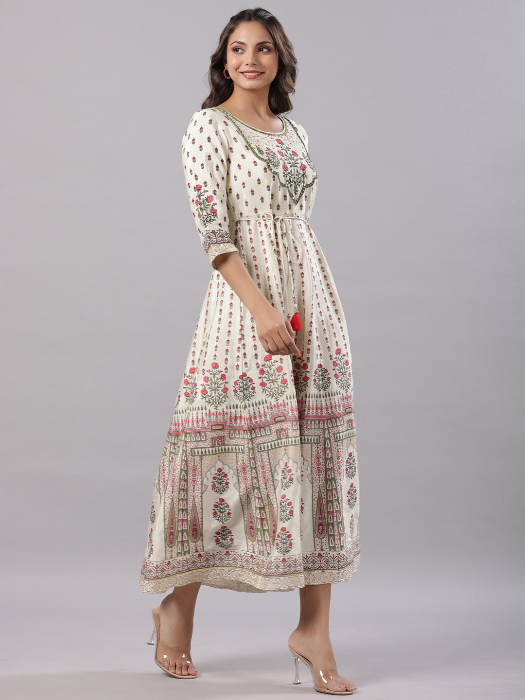 Juniper Yellow Ethnic Motif Printed Flared Shantoon Maxi Dress With Beads & Sequins Work - Distacart