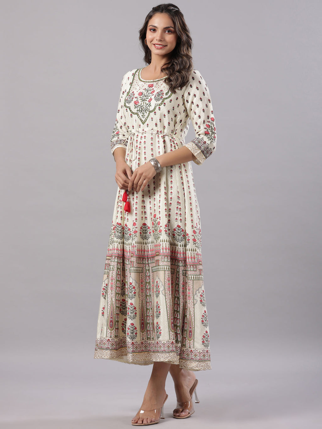Juniper Yellow Ethnic Motif Printed Flared Shantoon Maxi Dress With Beads & Sequins Work - Distacart