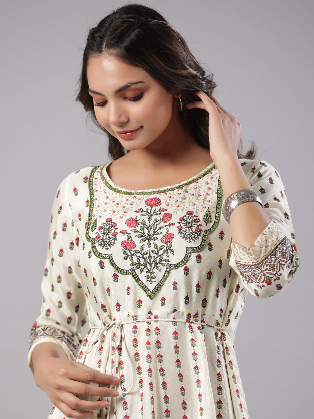Juniper Yellow Ethnic Motif Printed Flared Shantoon Maxi Dress With Beads & Sequins Work - Distacart