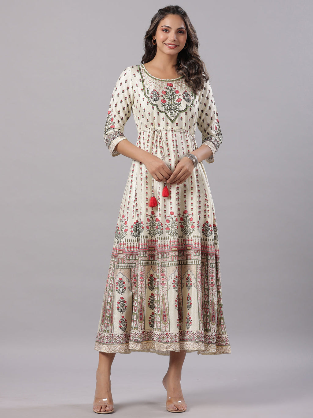 Juniper Yellow Ethnic Motif Printed Flared Shantoon Maxi Dress With Beads & Sequins Work - Distacart