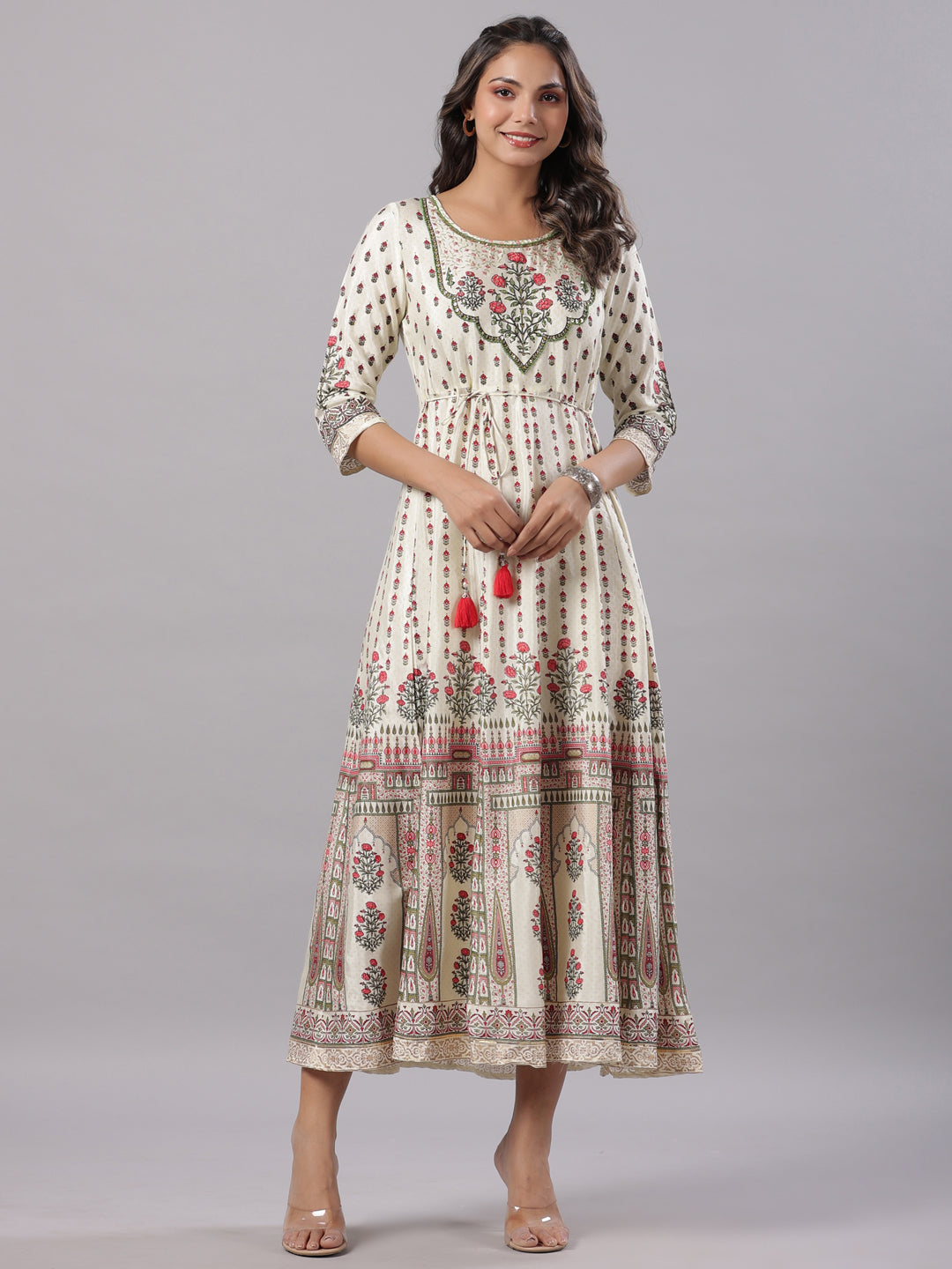 Juniper Yellow Ethnic Motif Printed Flared Shantoon Maxi Dress With Beads & Sequins Work - Distacart