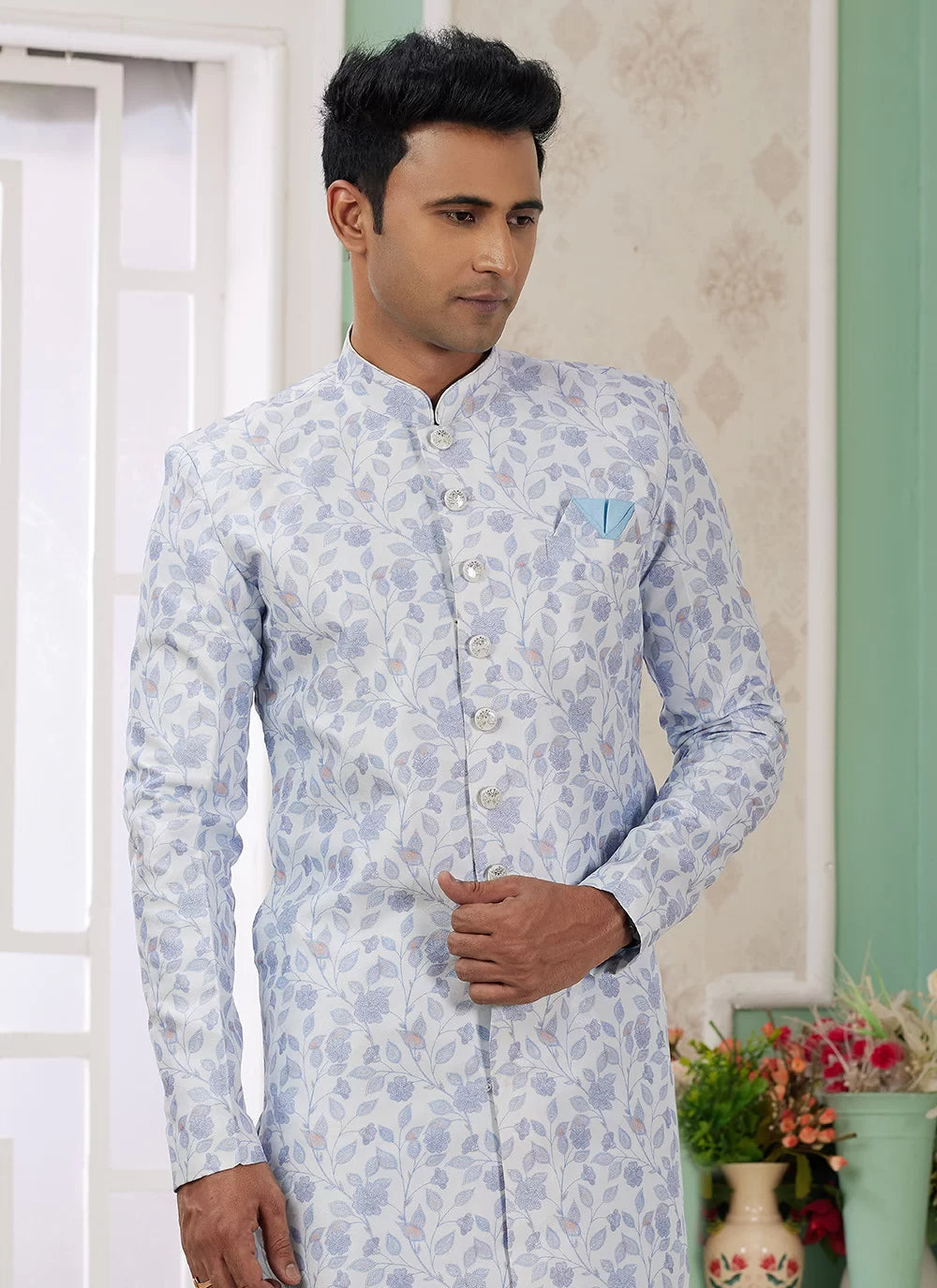 Raivat Ethnic Banarasi Jacquard Embroidery Indo Western Sherwani In Blue Colour