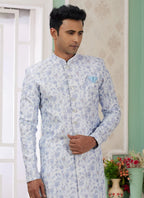 Raivat Ethnic Banarasi Jacquard Embroidery Indo Western Sherwani In Blue Colour
