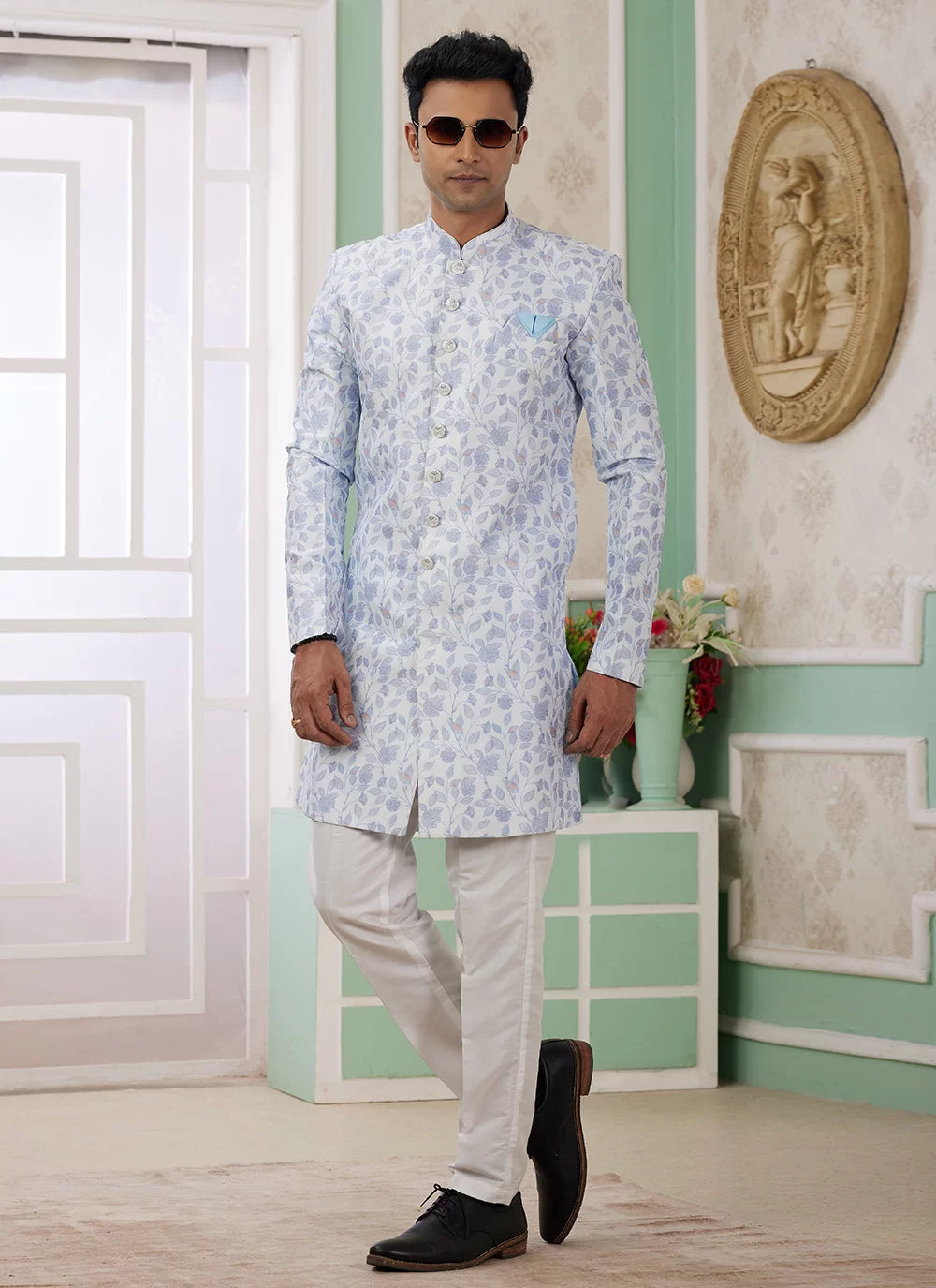 Raivat Ethnic Banarasi Jacquard Embroidery Indo Western Sherwani In Blue Colour