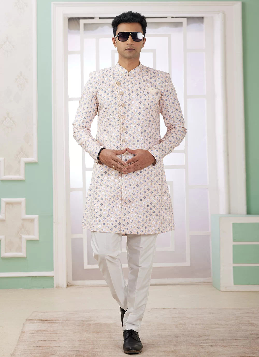 Raivat Ethnic Banarasi Jacquard Embroidery Indo Western Sherwani In Cream Blue Colour