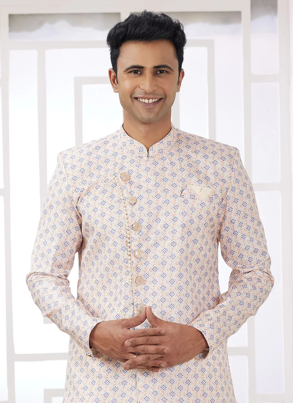 Raivat Ethnic Banarasi Jacquard Embroidery Indo Western Sherwani In Cream Blue Colour