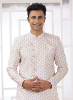 Raivat Ethnic Banarasi Jacquard Embroidery Indo Western Sherwani In Cream Blue Colour