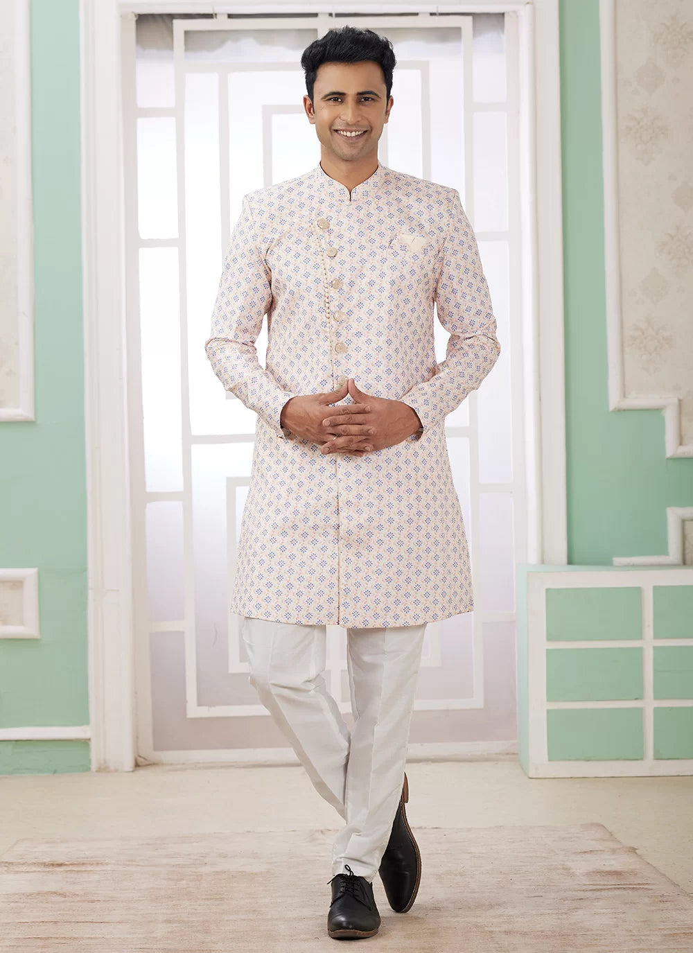 Raivat Ethnic Banarasi Jacquard Embroidery Indo Western Sherwani In Cream Blue Colour
